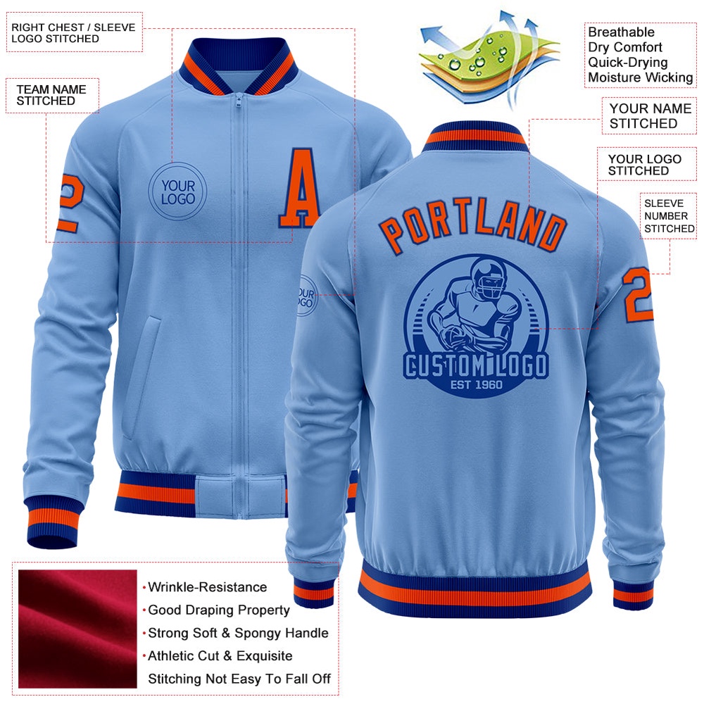 Custom Light Blue Orange Royal Bomber Varsity Letterman Zipper Jacket, Custom Team Jacket