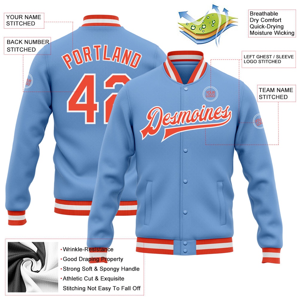 Custom Light Blue Orange White Bomber Full Snap Baseball Jacket, Custom Team Jacket