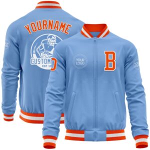 Custom Light Blue Orange White Bomber Varsity…