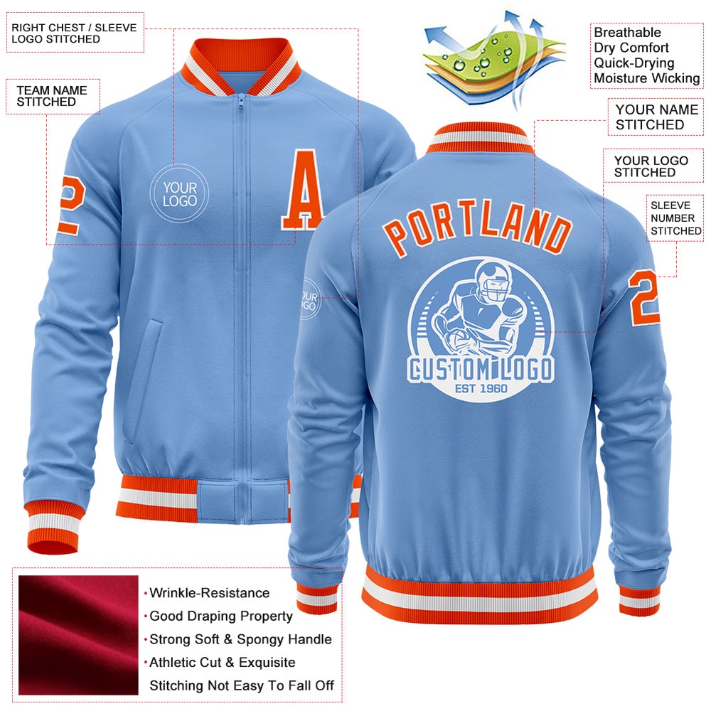 Custom Light Blue Orange White Bomber Varsity Baseball Jacket, Custom Team Jacket