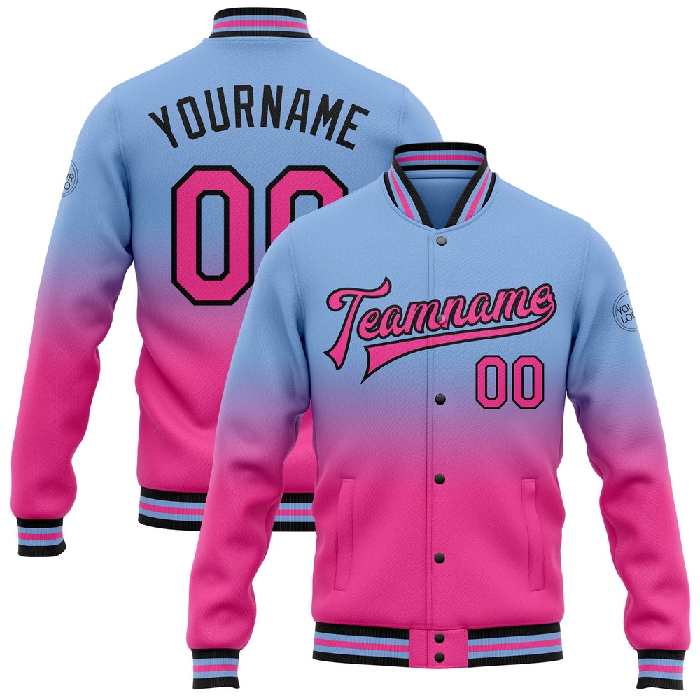 Custom Light Blue Pink Black Bomber Full Snap Baseball Jacket, Custom Team Jacket