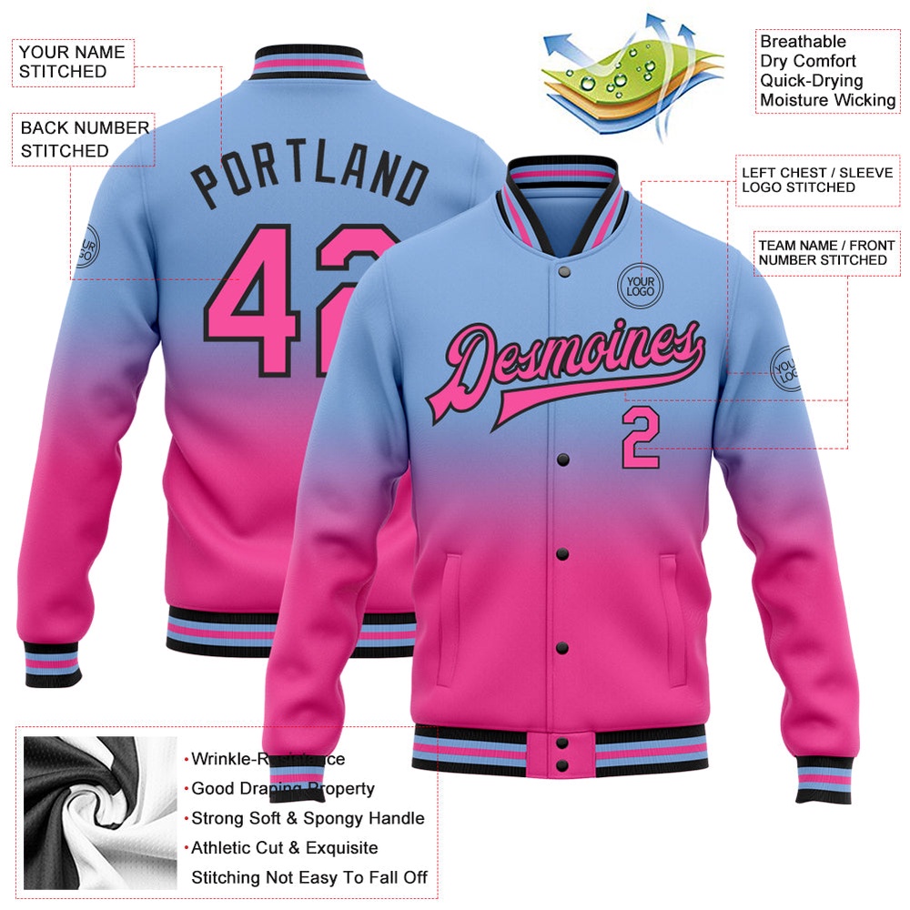 Custom Light Blue Pink Black Bomber Full Snap Baseball Jacket, Custom Team Jacket