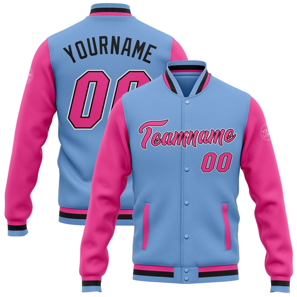 Custom Light Blue Pink Black Bomber Full Snap Varsity Baseball Jacket, Custom Team Jacket