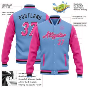 Custom Light Blue Pink Black Bomber Full Snap Varsity Baseball Jacket Custom Team Jacket 2 tric5g.jpg