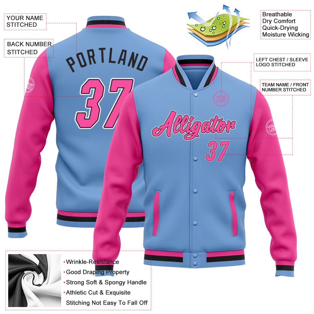 Custom Light Blue Pink Black Bomber Full Snap Varsity Baseball Jacket, Custom Team Jacket