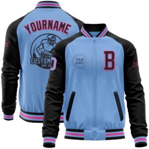Custom Light Blue Pink Black Bomber Varsity…