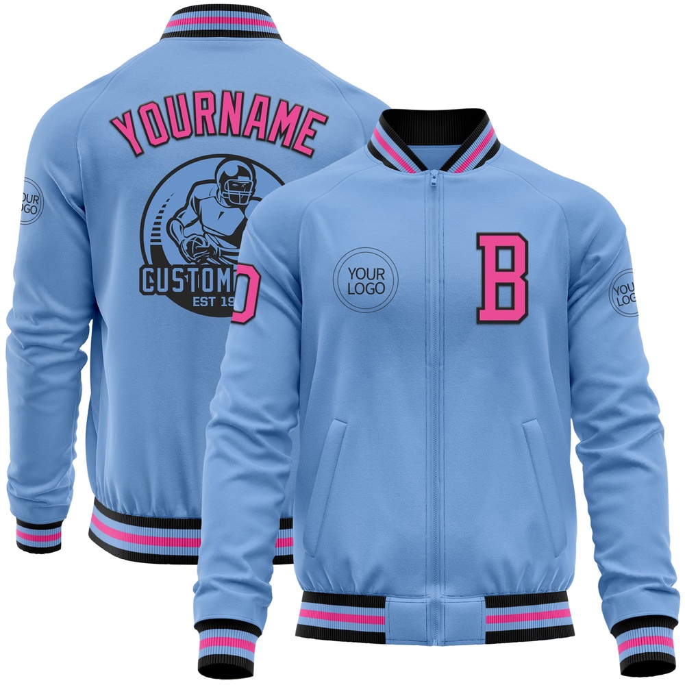 Custom Light Blue Pink Black Bomber Varsity Letterman Zipper Jacket, Custom Team Jacket