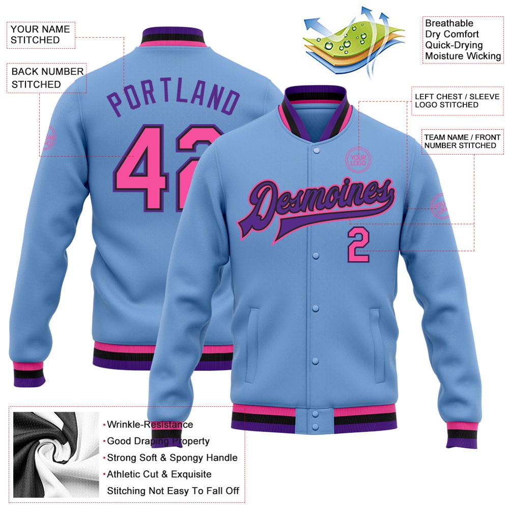 Custom Light Blue Pink Black Purple Bomber Full Snap Baseball Jacket, Custom Team Jacket