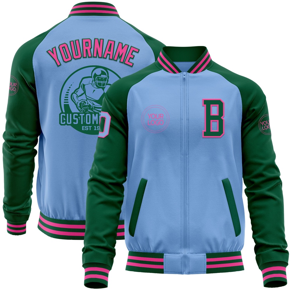 Custom Light Blue Pink Kelly Green Bomber Varsity Baseball Jacket, Custom Team Jacket