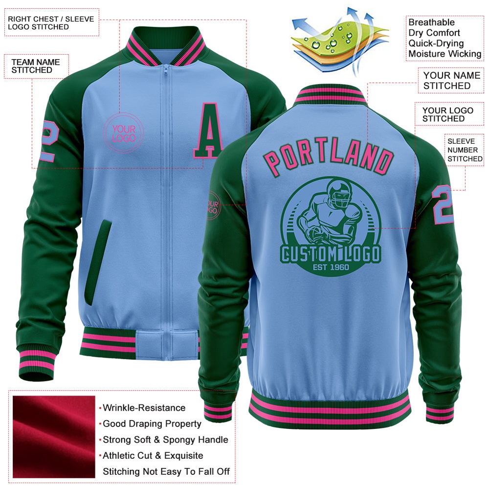 Custom Light Blue Pink Kelly Green Bomber Varsity Baseball Jacket, Custom Team Jacket