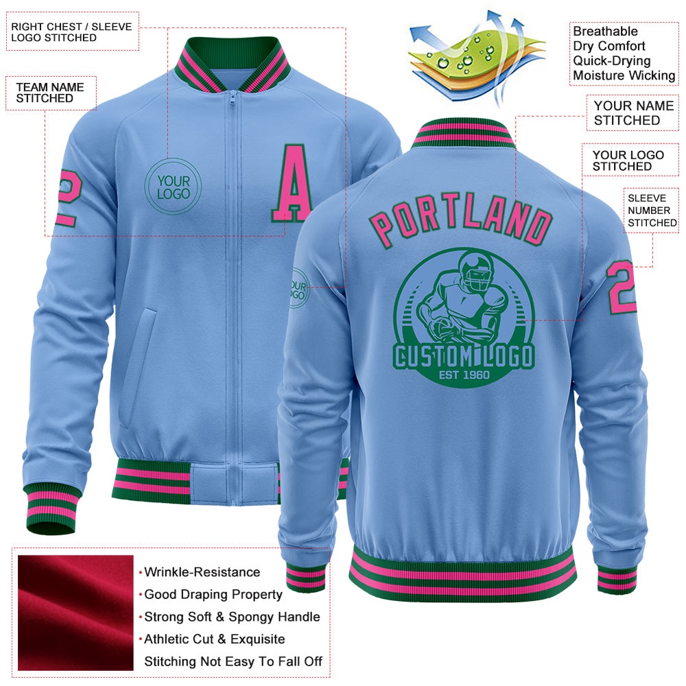 Custom Light Blue Pink Kelly Green Bomber Varsity Letterman Zipper Jacket, Custom Team Jacket