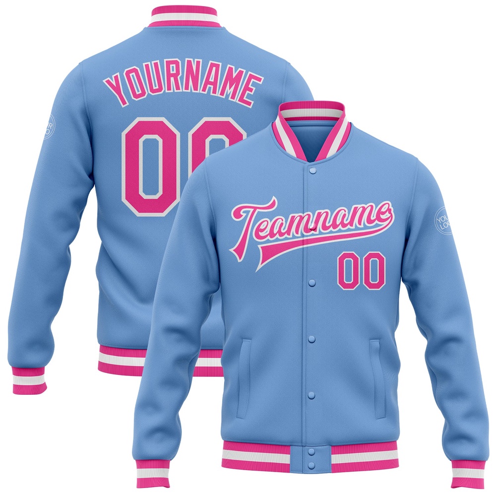Custom Light Blue Pink White Bomber Full Snap Baseball Jacket, Custom Team Jacket