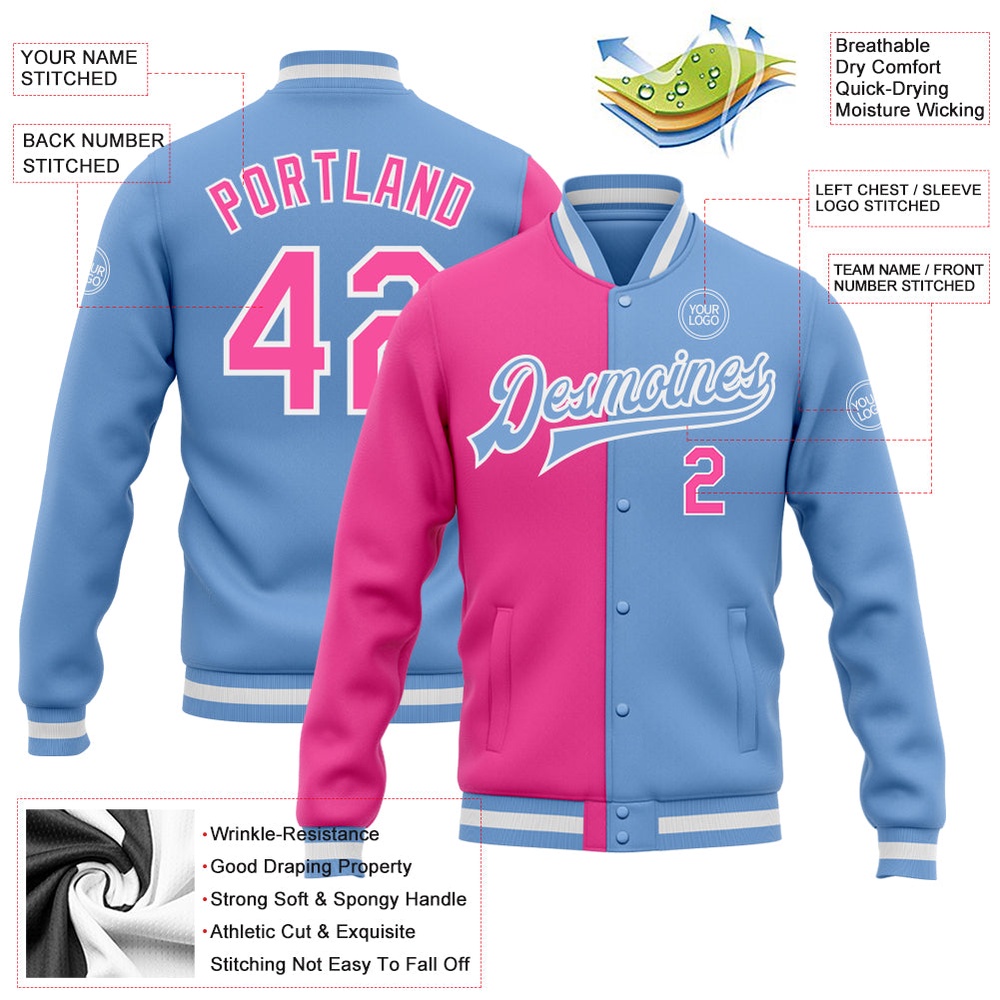 Custom Light Blue Pink White Bomber Full Snap Varsity Letterman Split Fashion Jacket, Custom Team Jacket