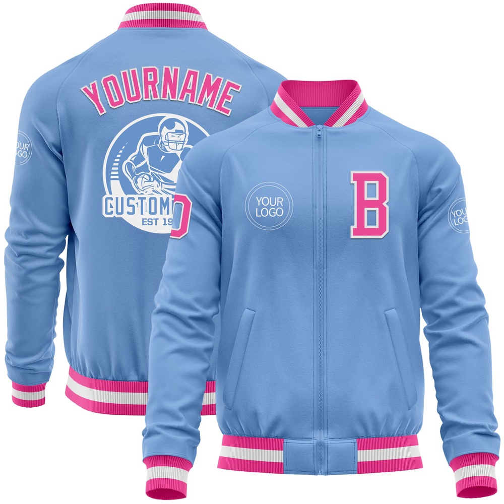 Custom Light Blue Pink White Bomber Varsity Baseball Jacket, Custom Team Jacket