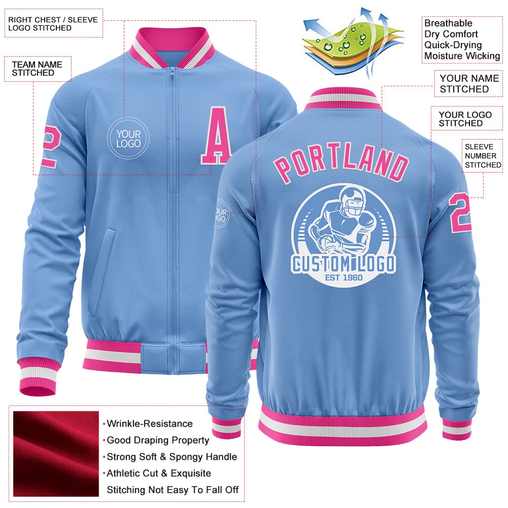 Custom Light Blue Pink White Bomber Varsity Baseball Jacket, Custom Team Jacket