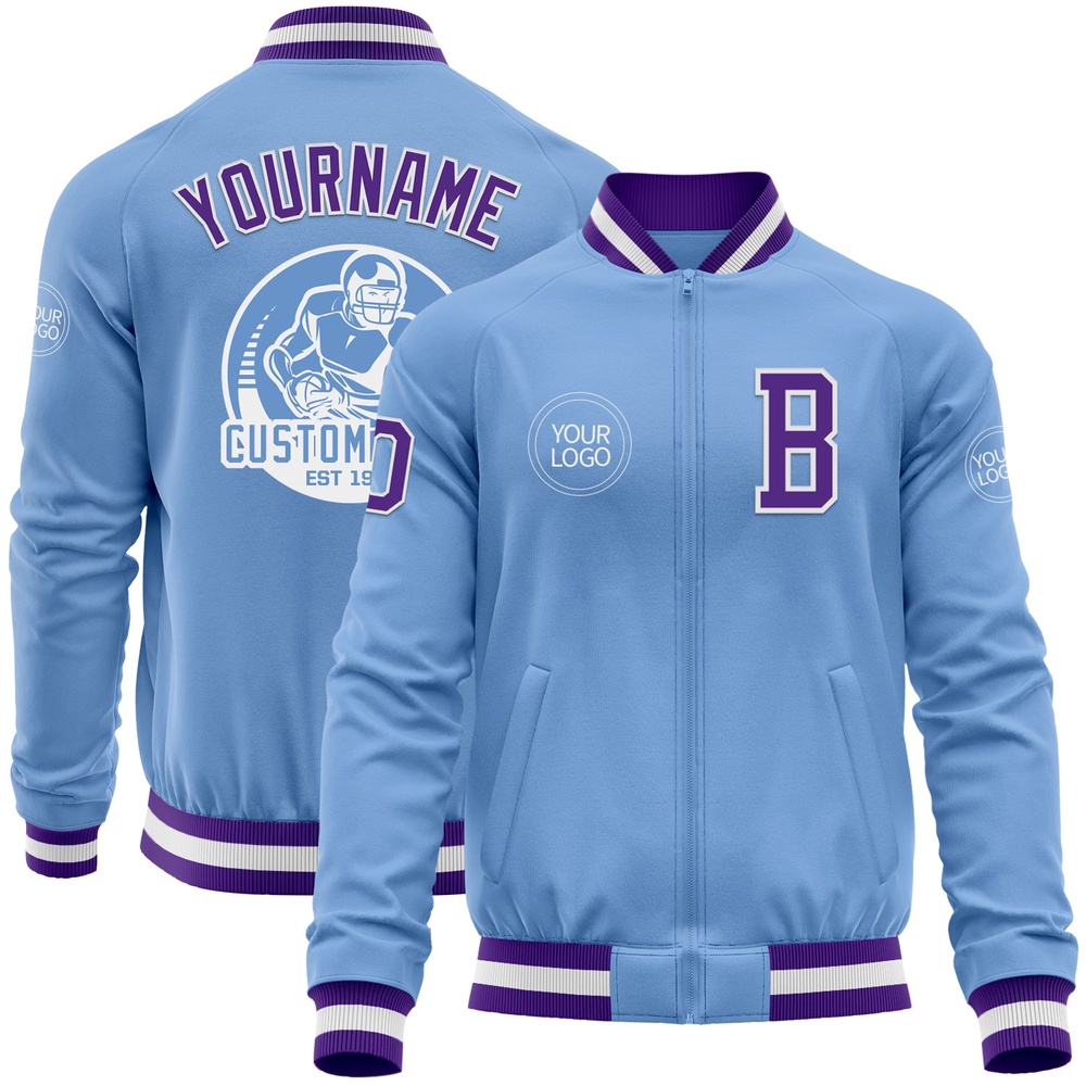 Custom Light Blue Purple White Bomber Varsity Baseball Jacket, Custom Team Jacket
