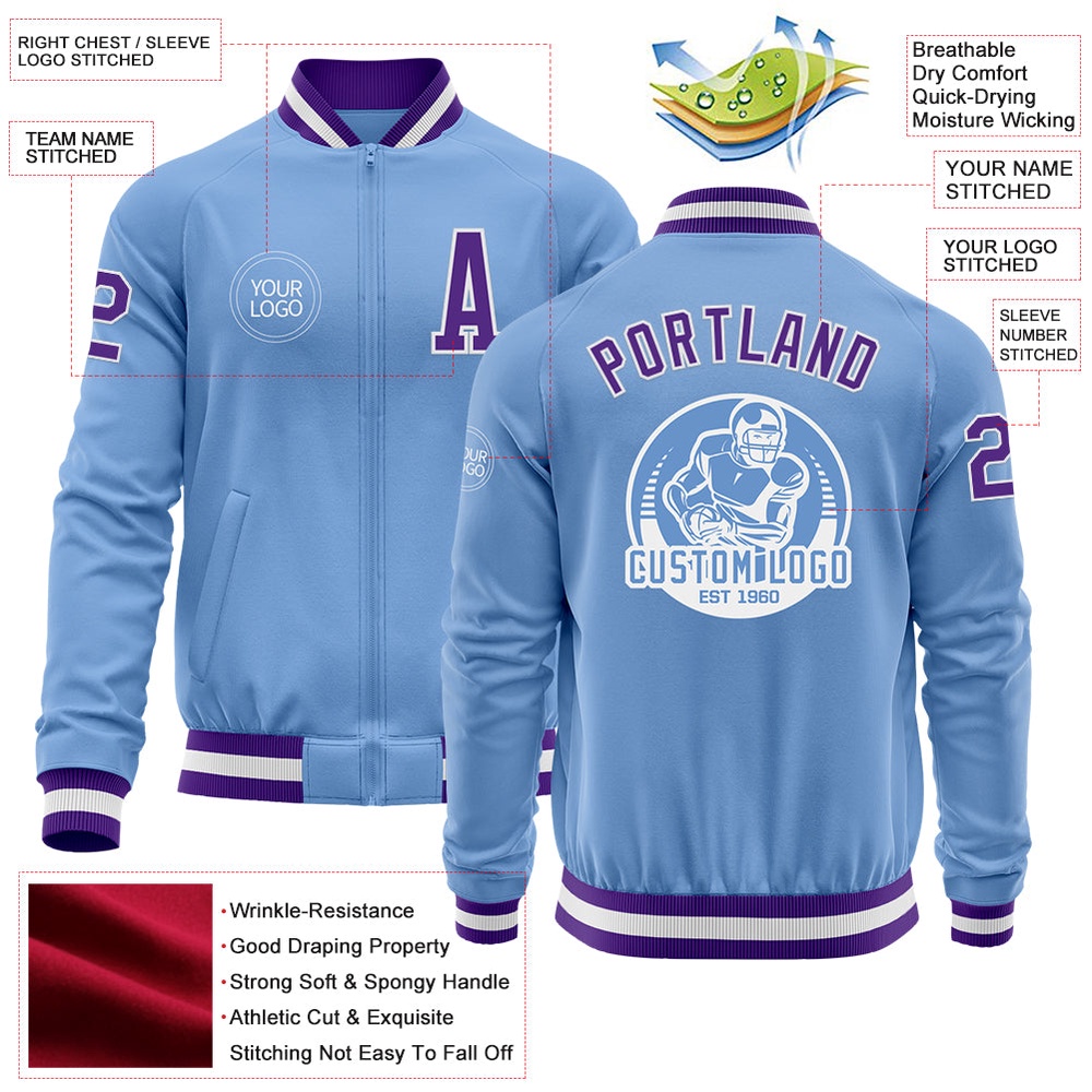 Custom Light Blue Purple White Bomber Varsity Baseball Jacket, Custom Team Jacket
