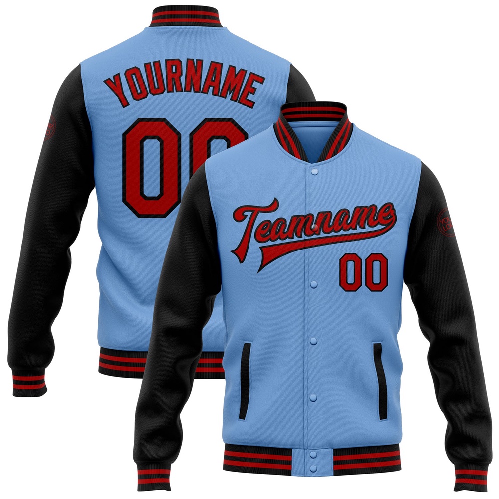 Custom Light Blue Red Black Bomber Full Snap Varsity Baseball Jacket, Custom Team Jacket