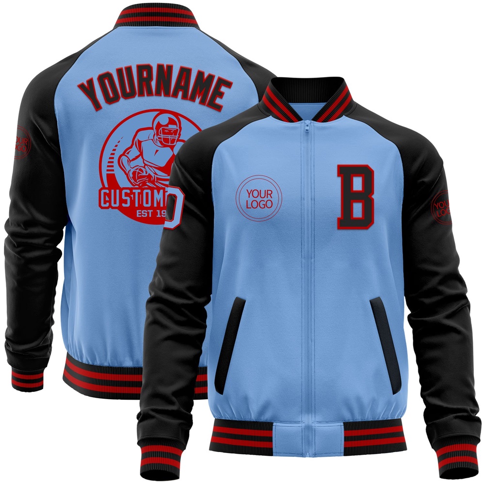 Custom Light Blue Red Black Bomber Varsity Baseball Jacket, Custom Team Jacket