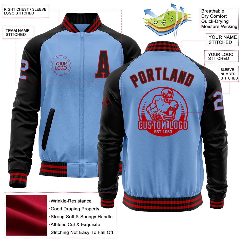 Custom Light Blue Red Black Bomber Varsity Baseball Jacket, Custom Team Jacket