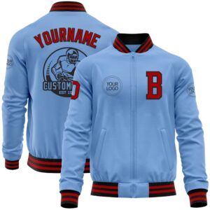 Custom Light Blue Red Black Bomber Varsity…