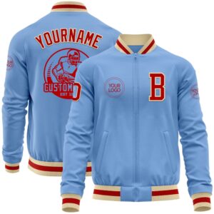 Custom Light Blue Red Cream Bomber Varsity…