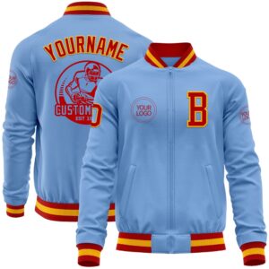 Custom Light Blue Red Gold Bomber Varsity…