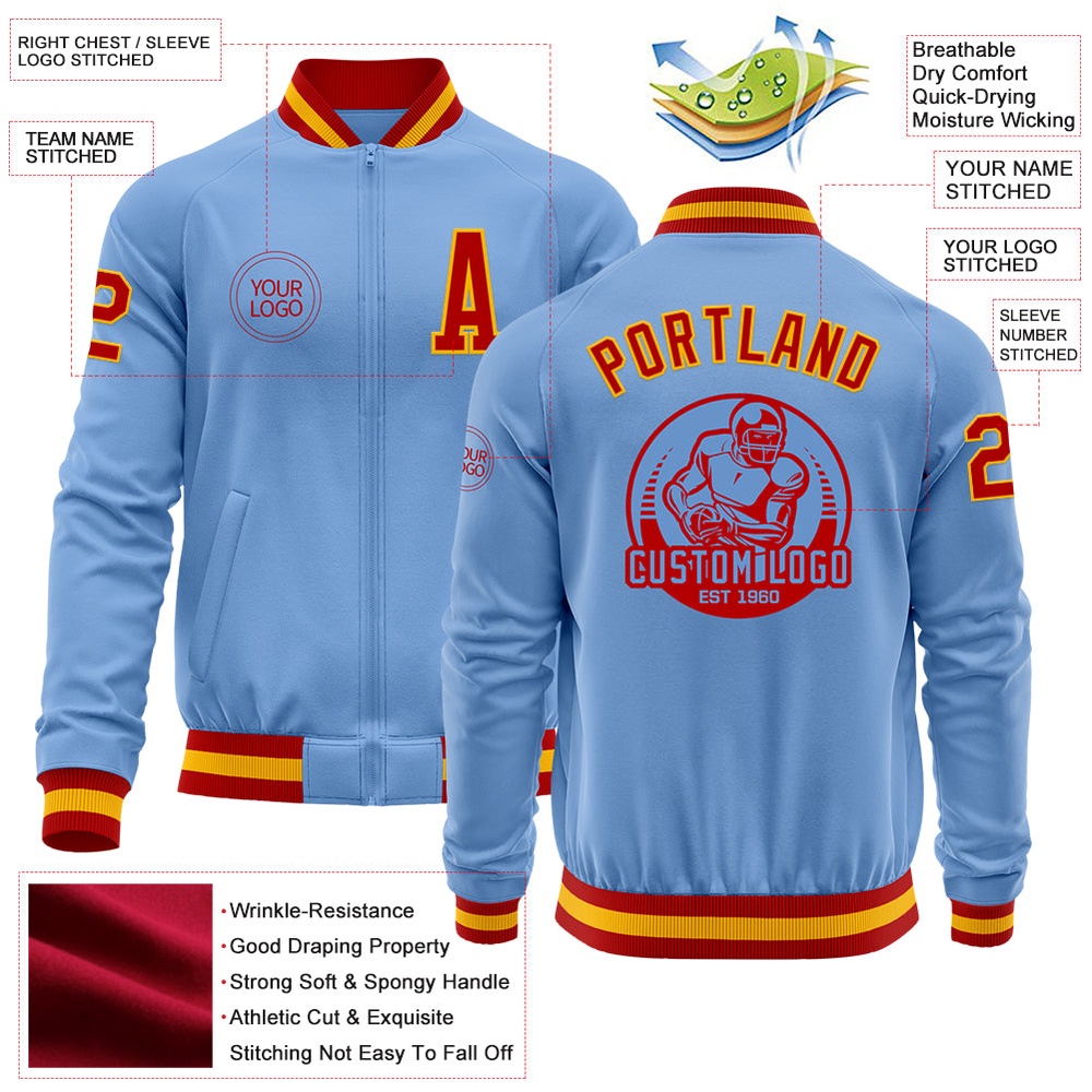 Custom Light Blue Red Gold Bomber Varsity Baseball Jacket, Custom Team Jacket