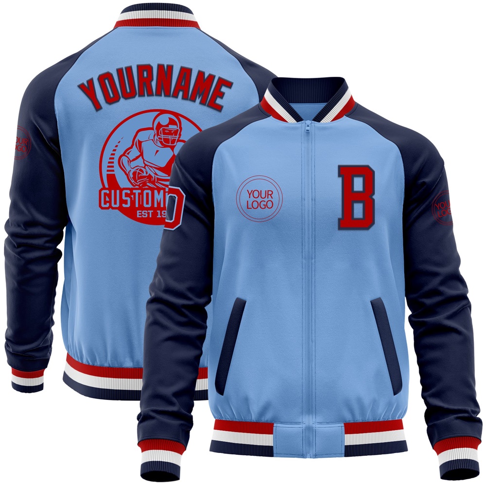 Custom Light Blue Red Navy Bomber Varsity Baseball Jacket, Custom Team Jacket