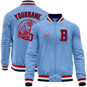 Custom Light Blue Red Navy Bomber Varsity…