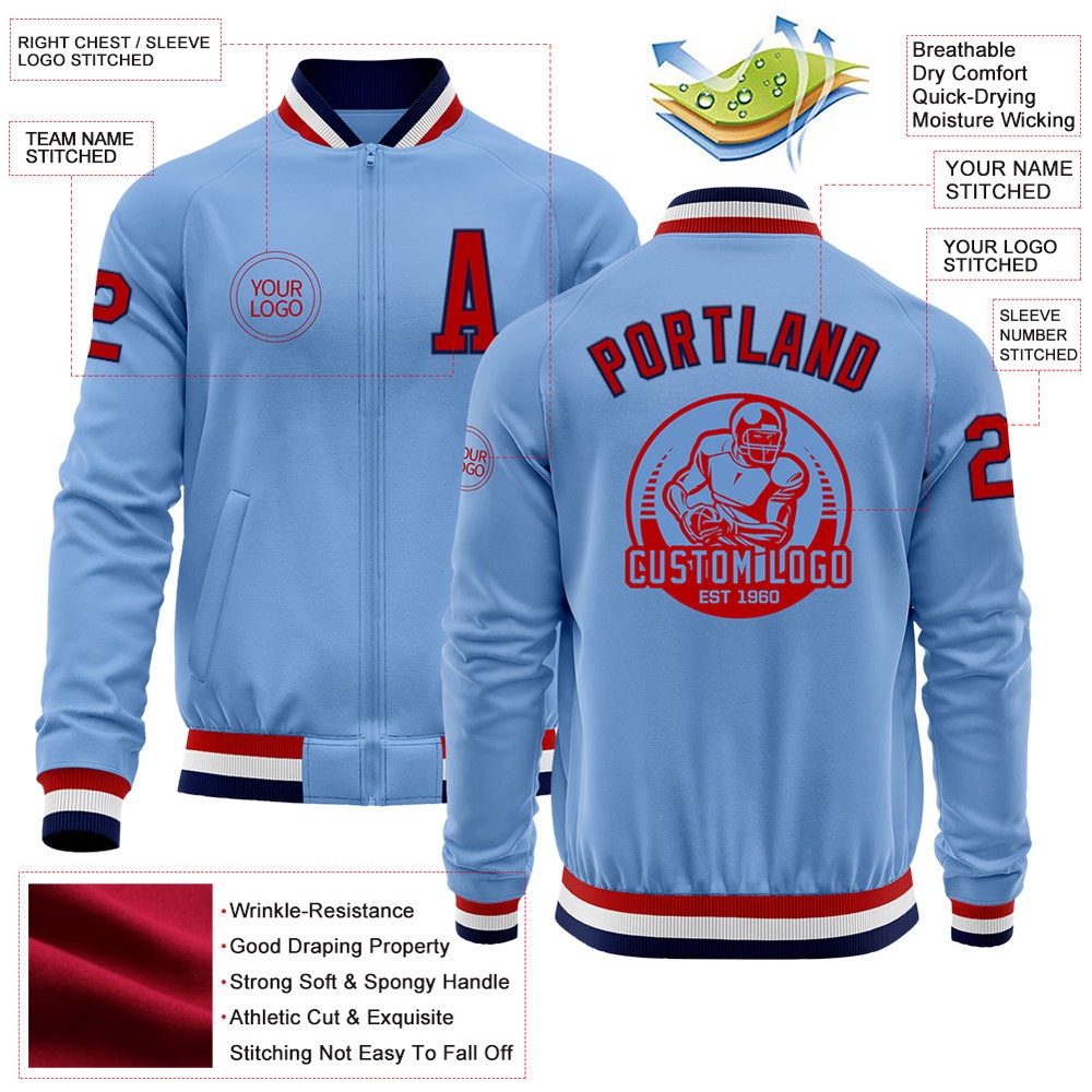 Custom Light Blue Red Navy Bomber Varsity Letterman Zipper Jacket, Custom Team Jacket