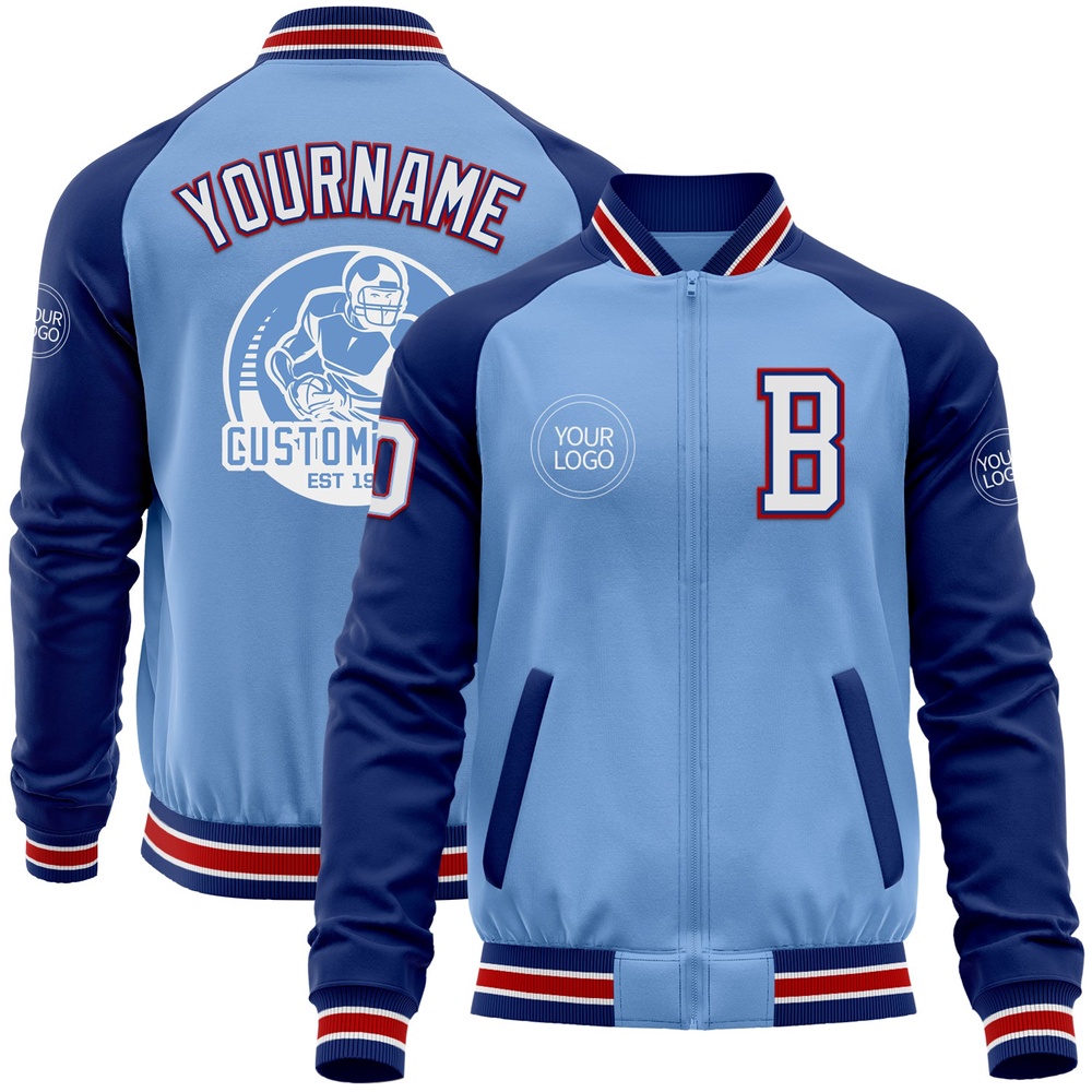 Custom Light Blue Red Royal Bomber Varsity Baseball Jacket, Custom Team Jacket