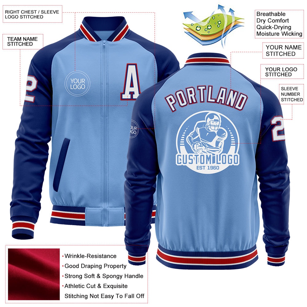 Custom Light Blue Red Royal Bomber Varsity Baseball Jacket, Custom Team Jacket
