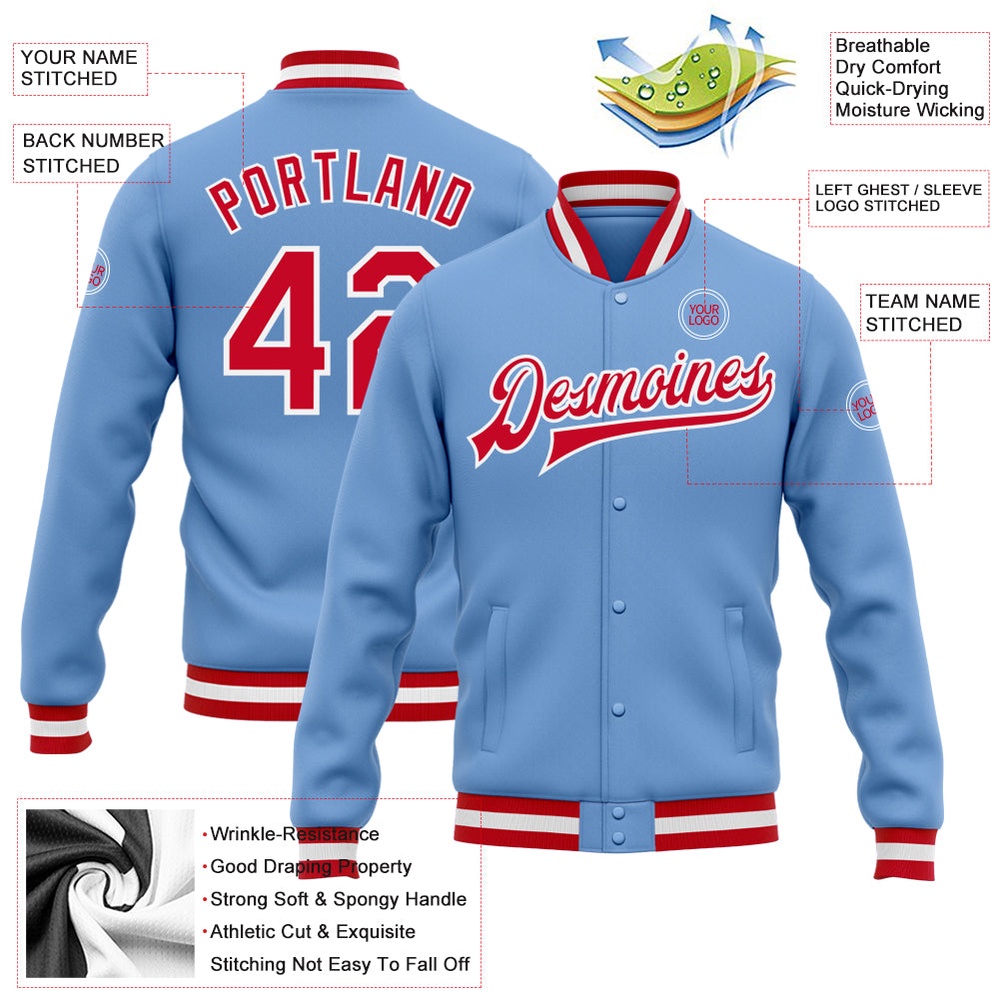Custom Light Blue Red White Bomber Full Snap Baseball Jacket, Custom Team Jacket