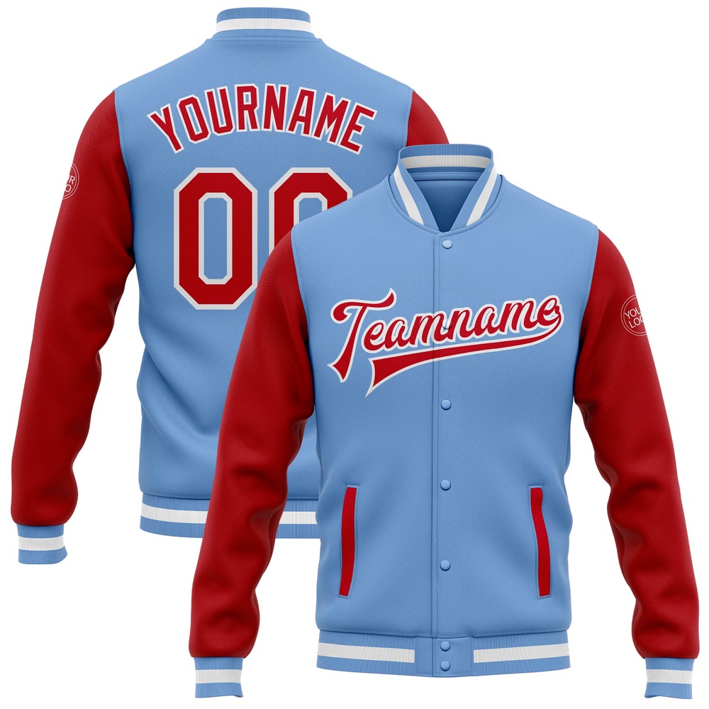 Custom Light Blue Red White Bomber Full Snap Varsity Baseball Jacket, Custom Team Jacket