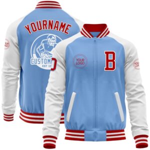 Custom Light Blue Red White Bomber Varsity…
