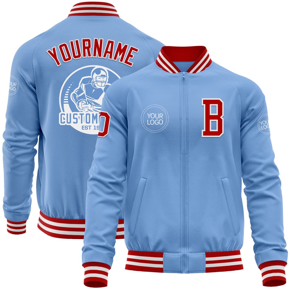 Custom Light Blue Red White Bomber Varsity Letterman Zipper Jacket, Custom Team Jacket