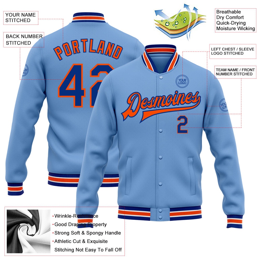 Custom Light Blue Royal Orange Bomber Full Snap Baseball Jacket, Custom Team Jacket