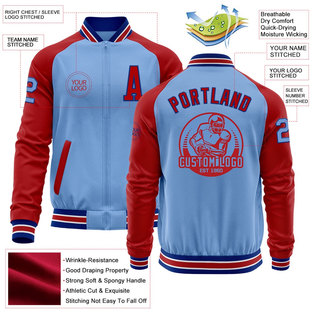 Custom Light Blue Royal Red Bomber Varsity Baseball Jacket, Custom Team Jacket