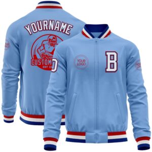 Custom Light Blue Royal Red Bomber Varsity…