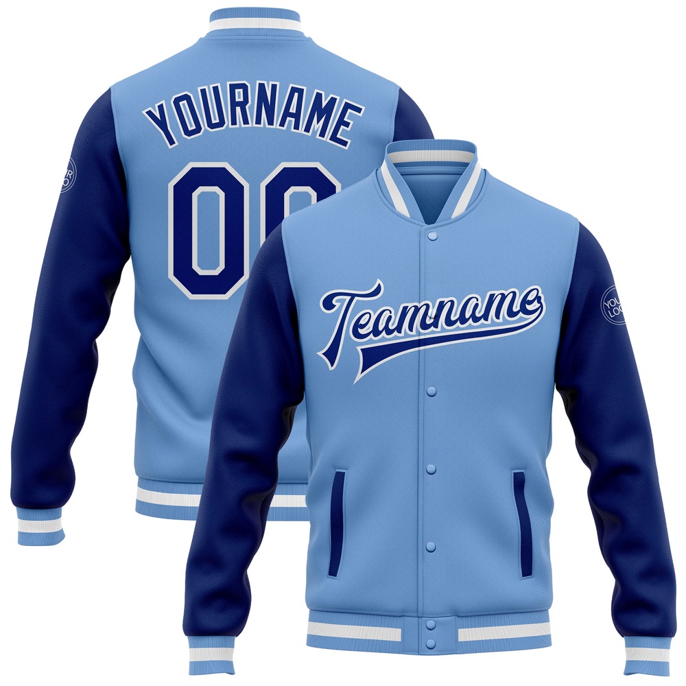 Custom Light Blue Royal White Bomber Full Snap Varsity Baseball Jacket, Custom Team Jacket