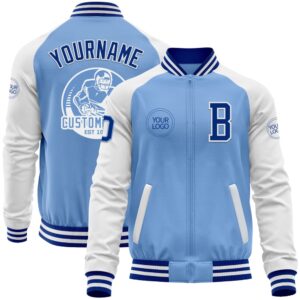 Custom Light Blue Royal White Bomber Varsity…