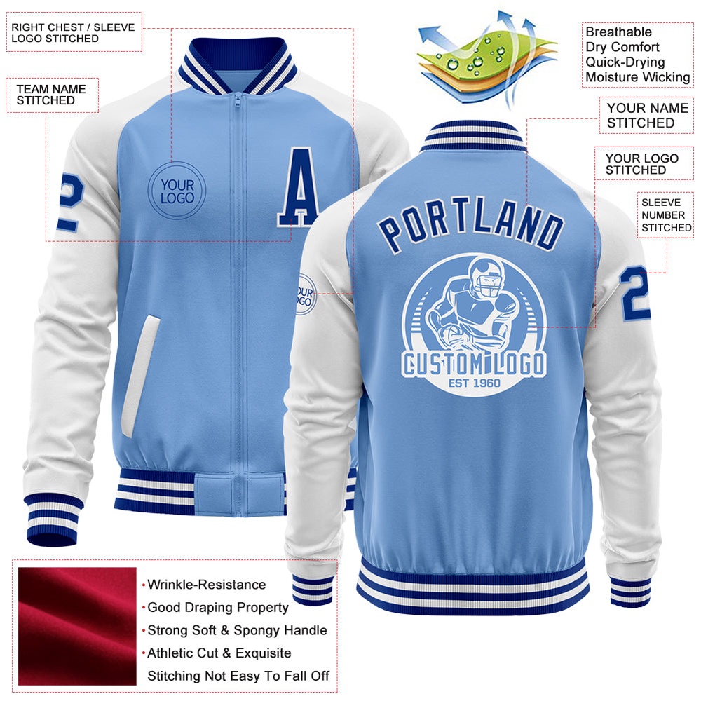 Custom Light Blue Royal White Bomber Varsity Baseball Jacket, Custom Team Jacket