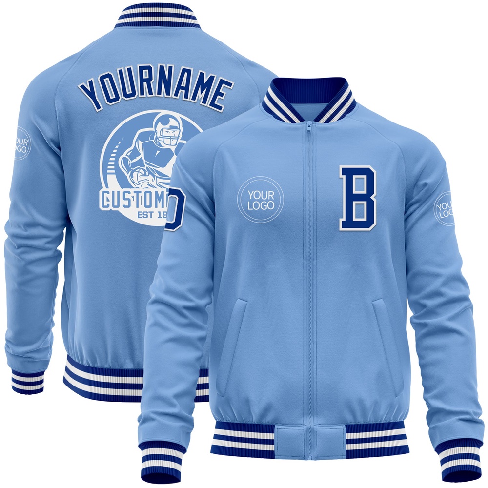 Custom Light Blue Royal White Bomber Varsity Letterman Zipper Jacket, Custom Team Jacket