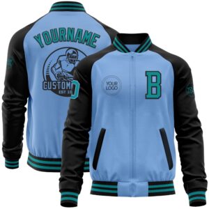 Custom Light Blue Teal Black Bomber Varsity…