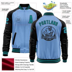 Custom Light Blue Teal Black Bomber Varsity Baseball Jacket Custom Team Jacket 2 pdhciq.jpg