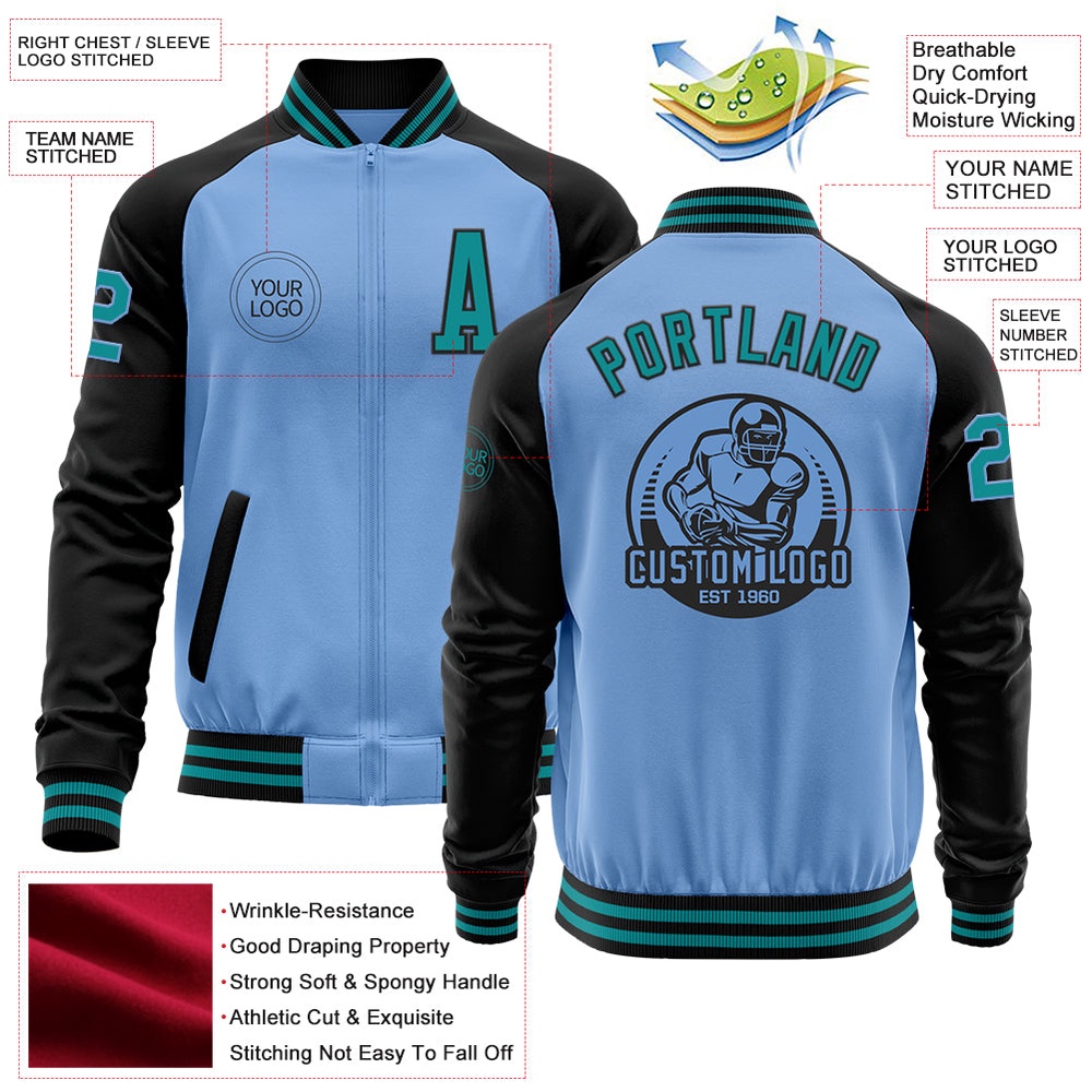Custom Light Blue Teal Black Bomber Varsity Baseball Jacket, Custom Team Jacket
