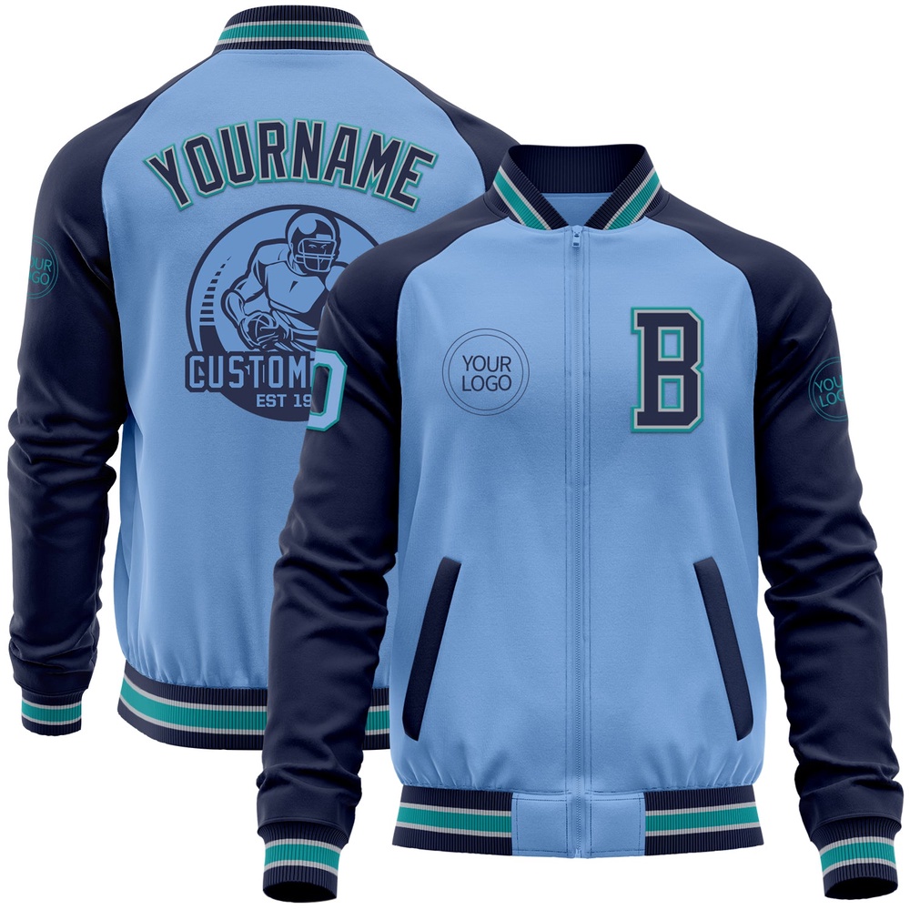 Custom Light Blue Teal Navy Gray Bomber Varsity Baseball Jacket, Custom Team Jacket