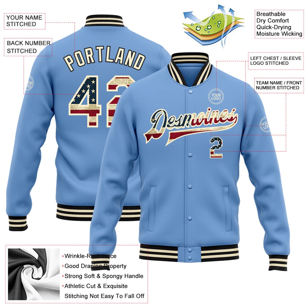 Custom Light Blue Vintage USA Flag Cream Black Bomber Full Snap Baseball Jacket, Custom Team Jacket