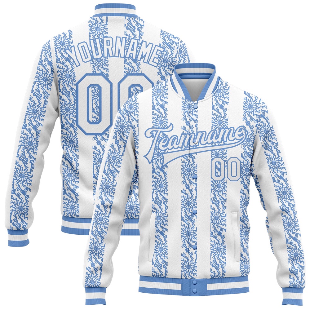 Custom Light Blue White 3D Pattern Design Bomber Full Snap Baseball Jacket, Custom Team Jacket